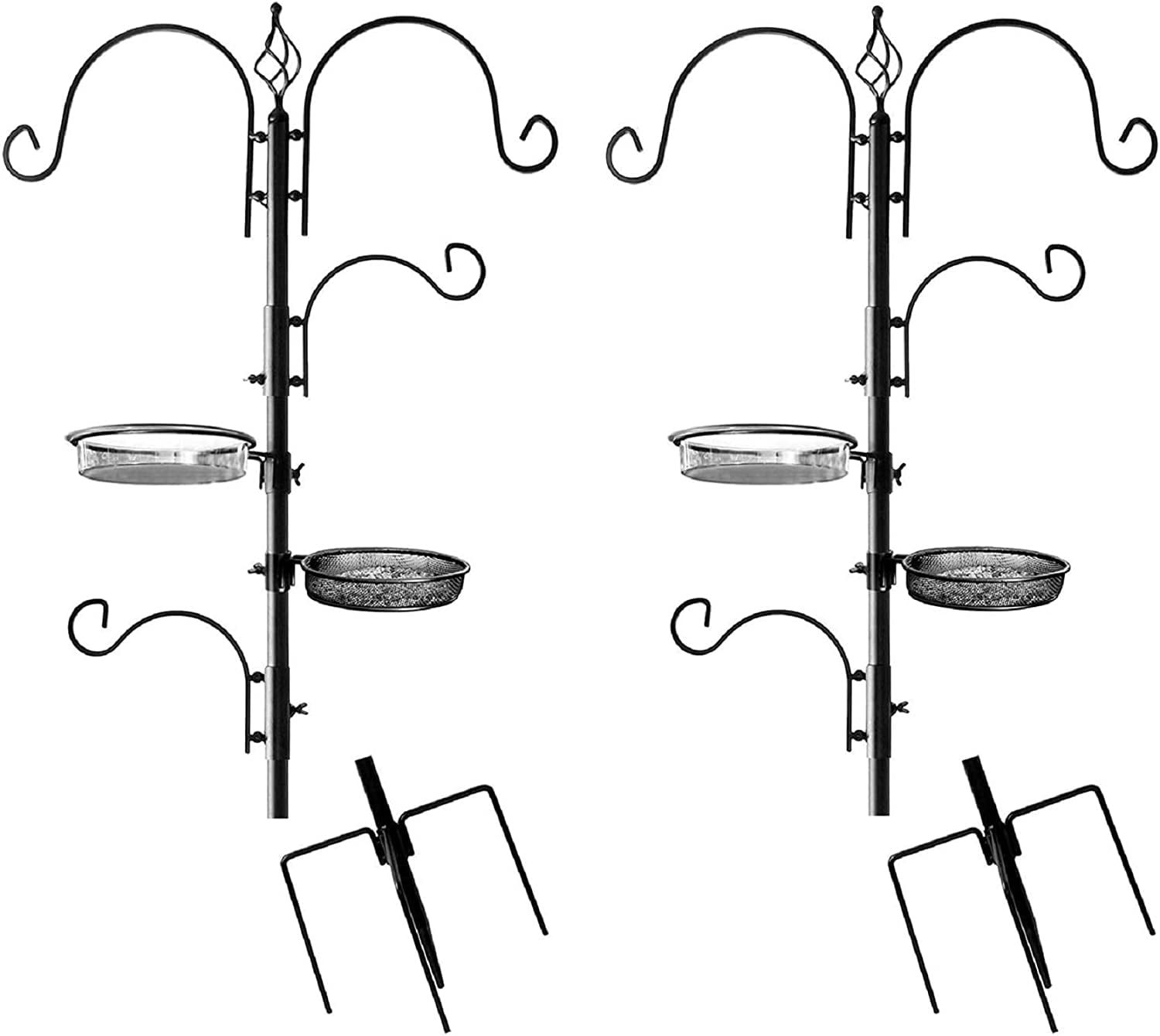 Ashman Deluxe Bird Feeding Station (2 Pack) Bird Feeders For Outside - Multi Feeder Pole Stand Kit With 4 Hangers， Bird Bath And 3 Prong Base For Attracting Wild Birds - 22 Inch Wide X 92 Inch Tall.