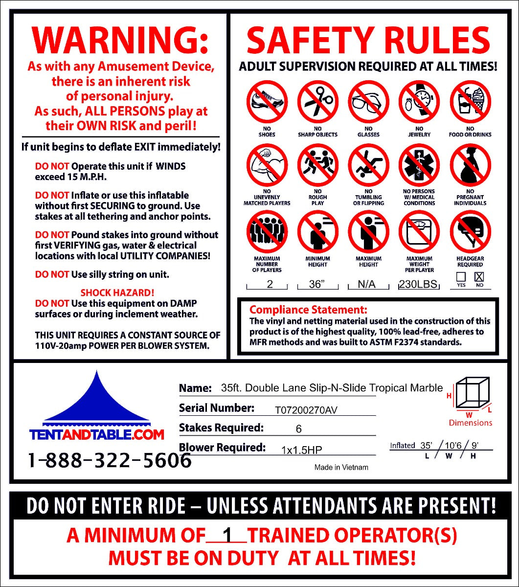 TentandTable Commercial Inflatable Slip n Slide， Tropical Marble Double Lane with Blower， 35'