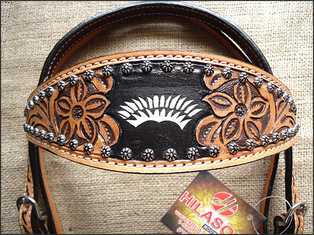 43BH Western Horse Headstall Tack Bridle American Leather Hand Carved Hilason