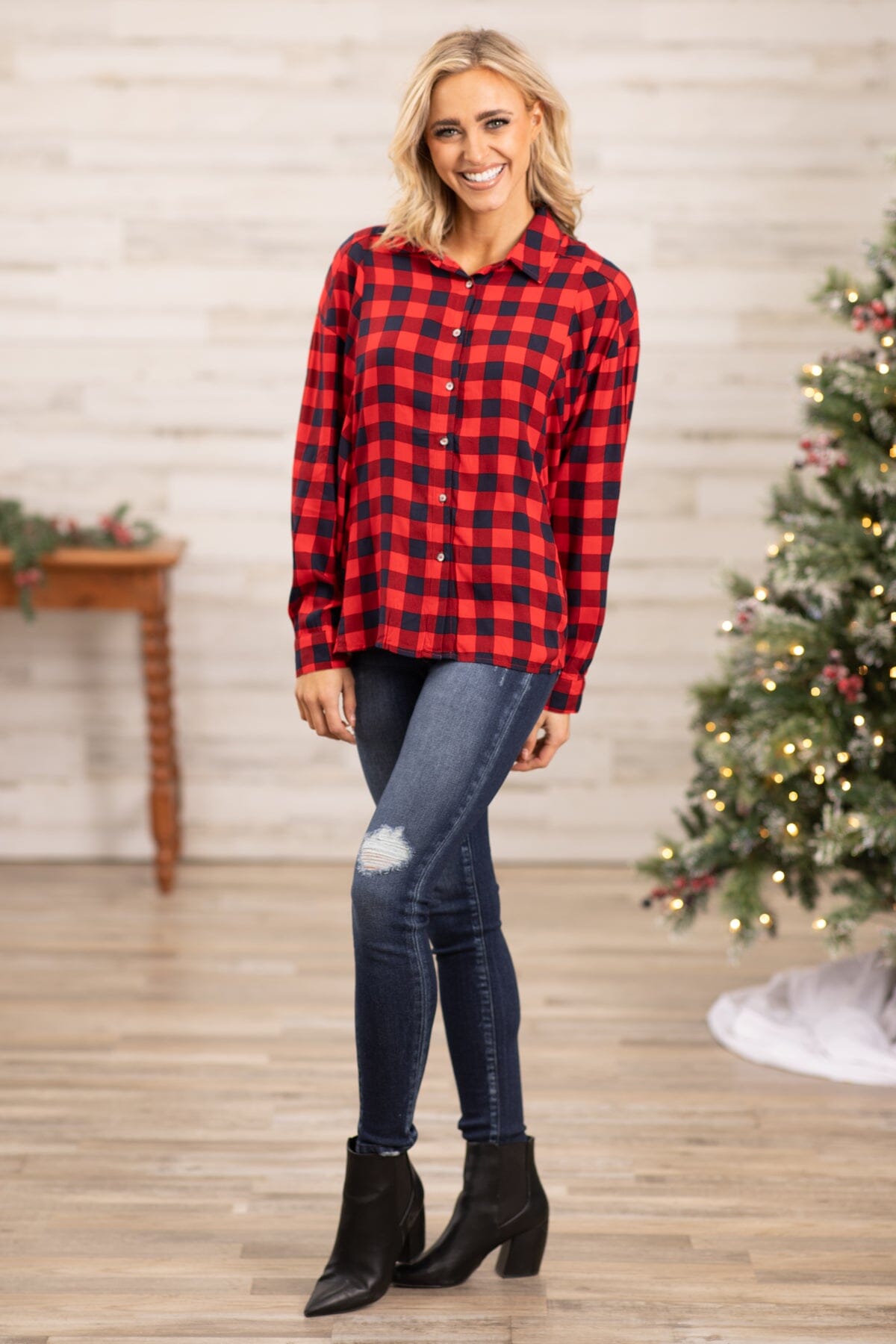 Red Buffalo Plaid Hi Lo Button Up Top