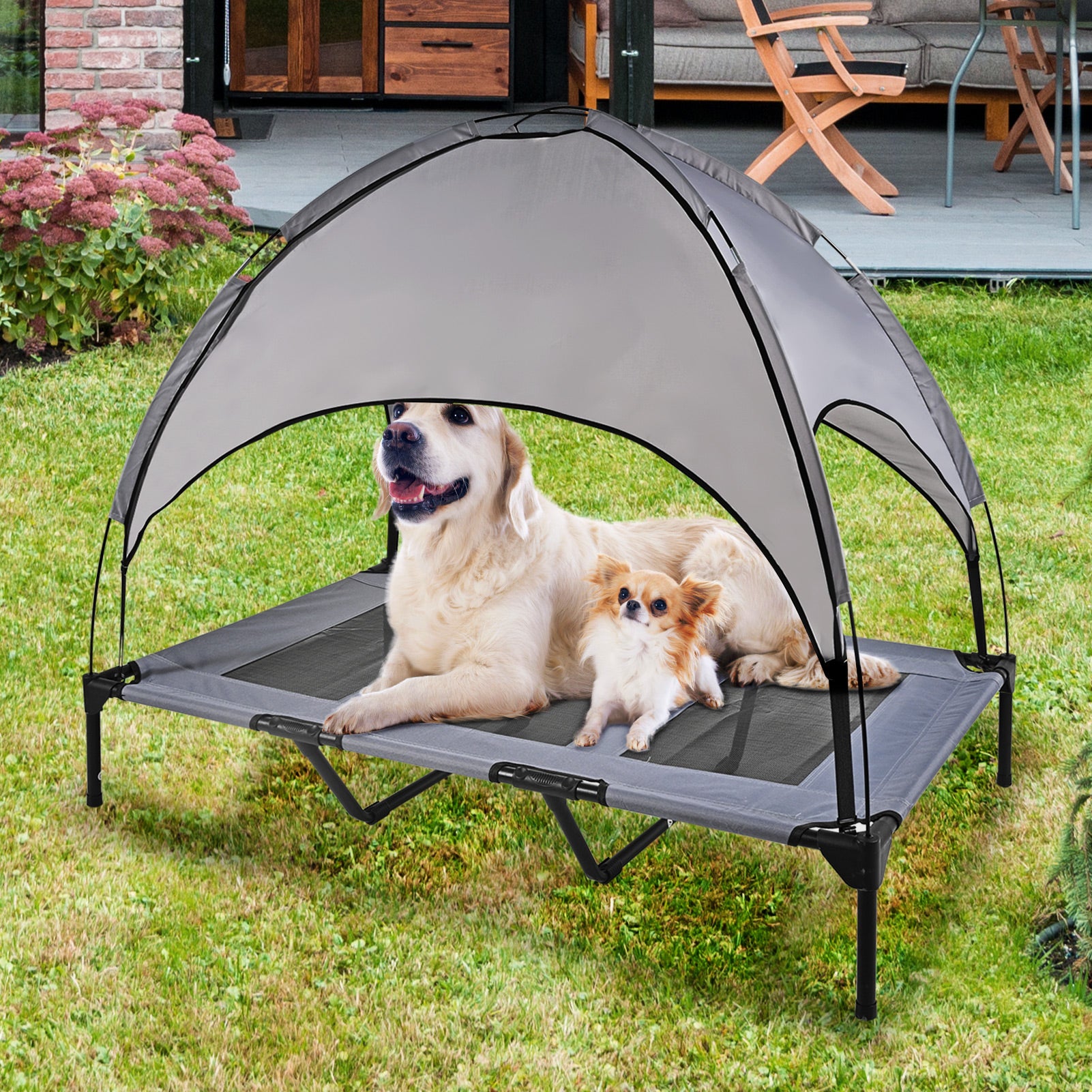 Midrising Elevated Cooling Dog Bed with Canopy，Outdoor Dog Bed with Removable Canopy Shade，Portable Raised Dog Bed with Stable Frame and Breathable Mesh(XL50