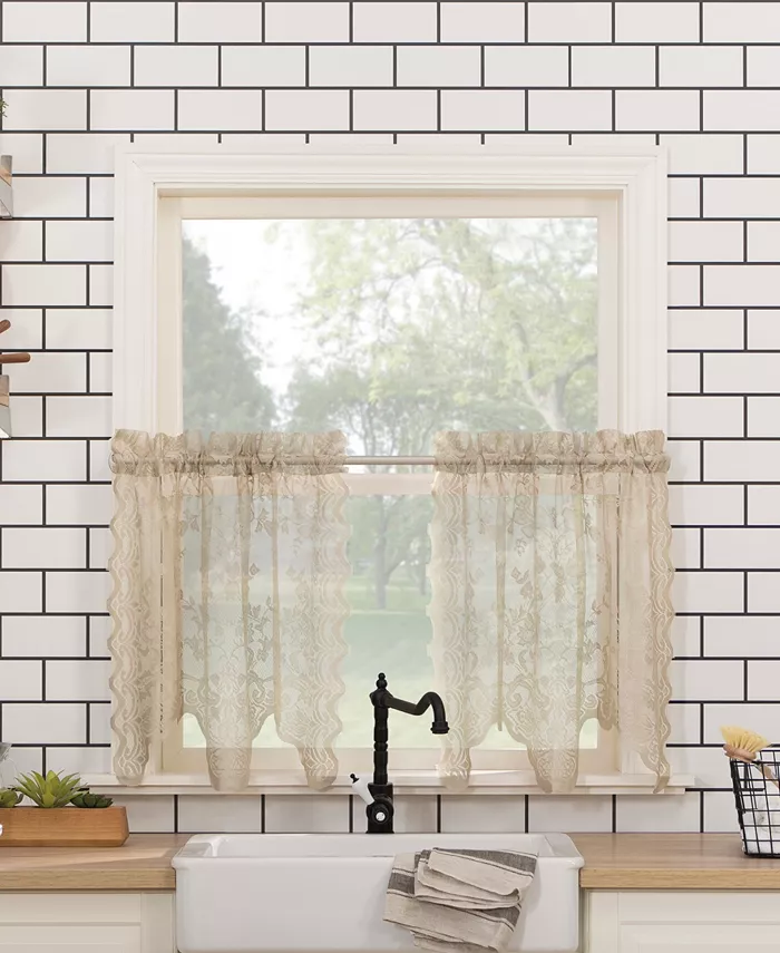 No. 918 Alison Floral Lace Rod Pocket Kitchen Curtain Tier Pair， 58