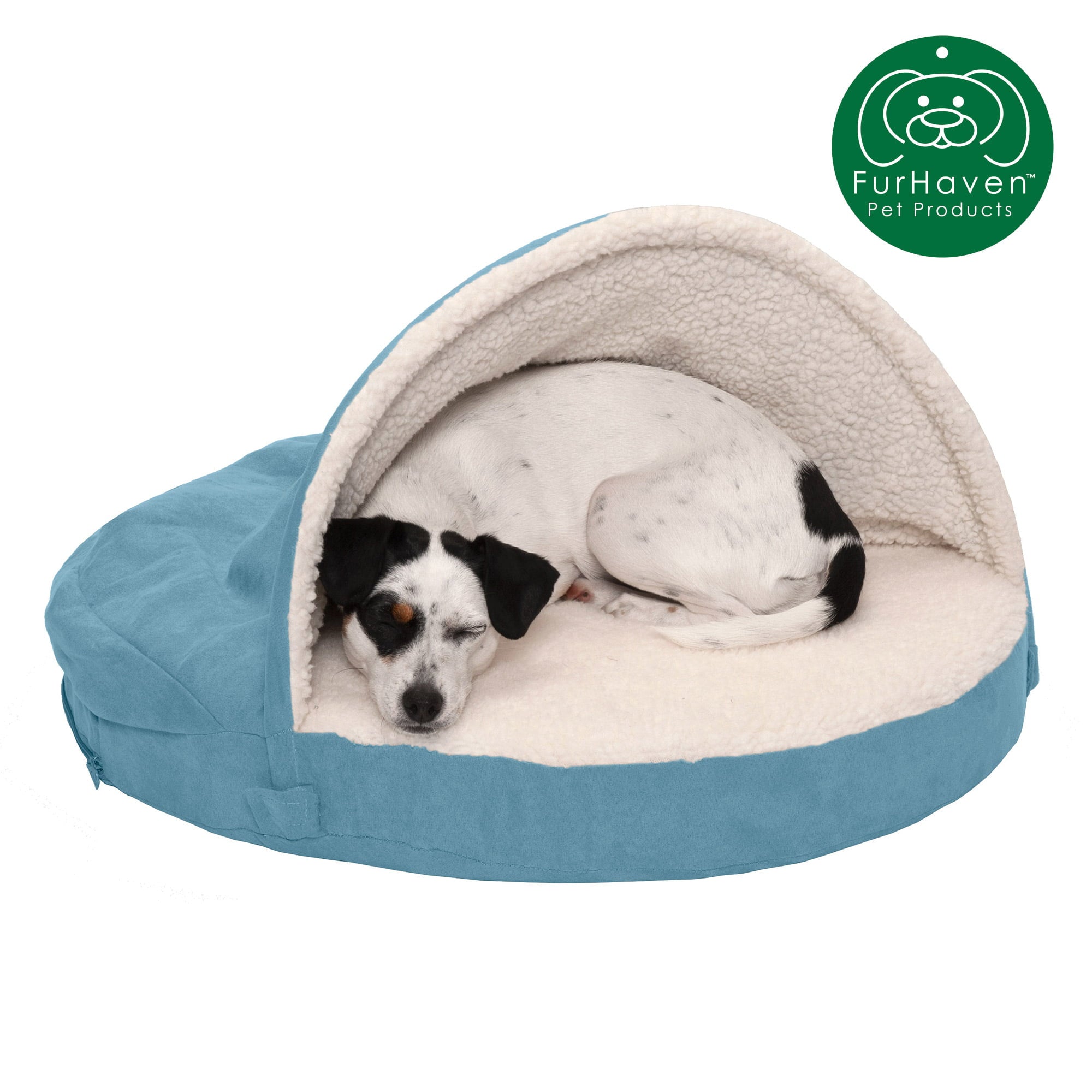 FurHaven | Orthopedic Faux Sheepskin Snuggery Burrow Pet Bed for Dogs and Cats， Blue， 26-Inch