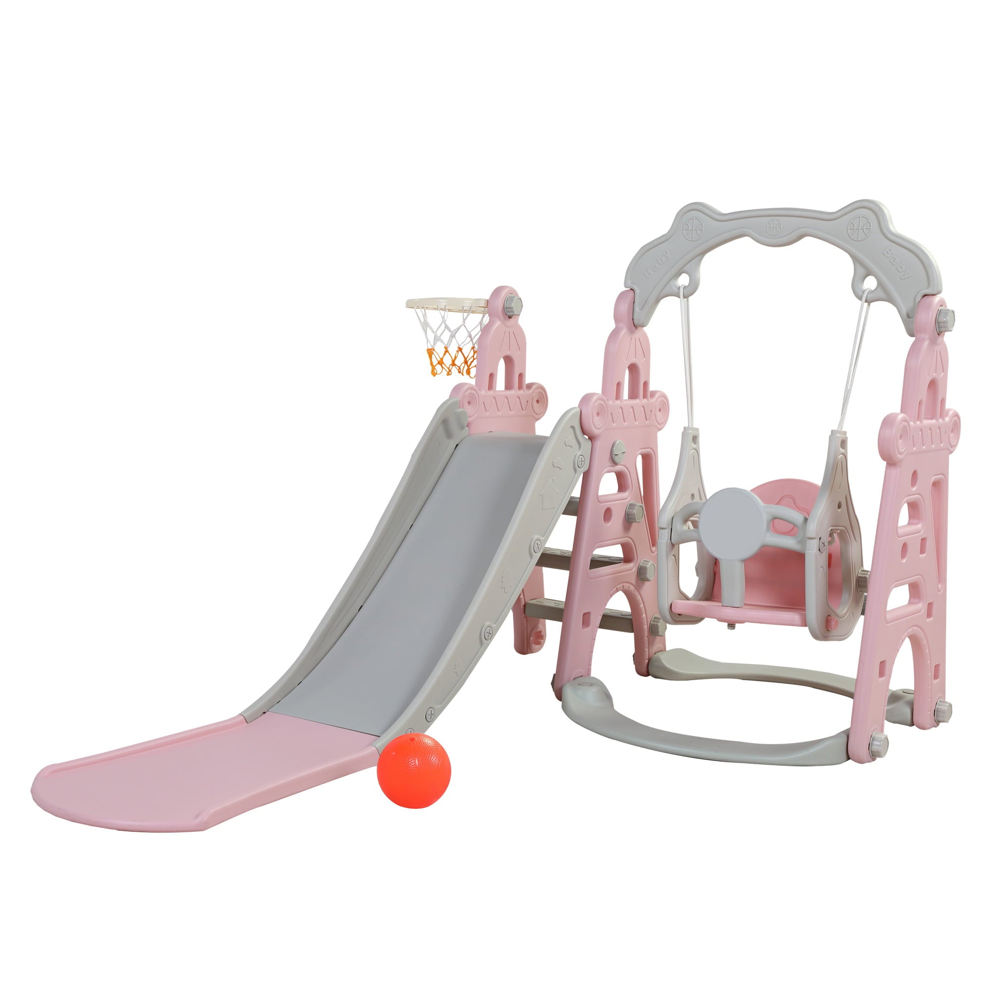 MOCA  3-in-1 Toddler Climber Slide ＆Swing Set - Extra Long Play Slide Playset for Indoor Outdoor Backyard with Basketball Hoop， Pink+Gray