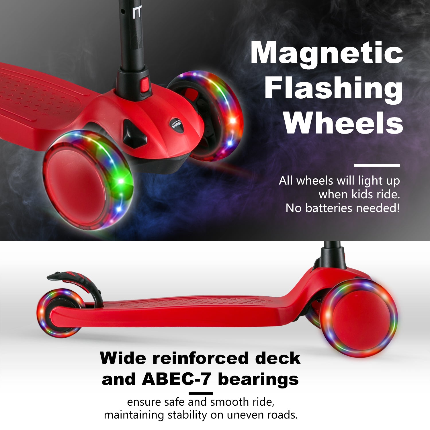 PRINIC 3 wheel kick scooter for kids and toddler 3-5 year old age， boys and girls， adjustable height， lean to steer， light up flashing wheels， wide deck， Red