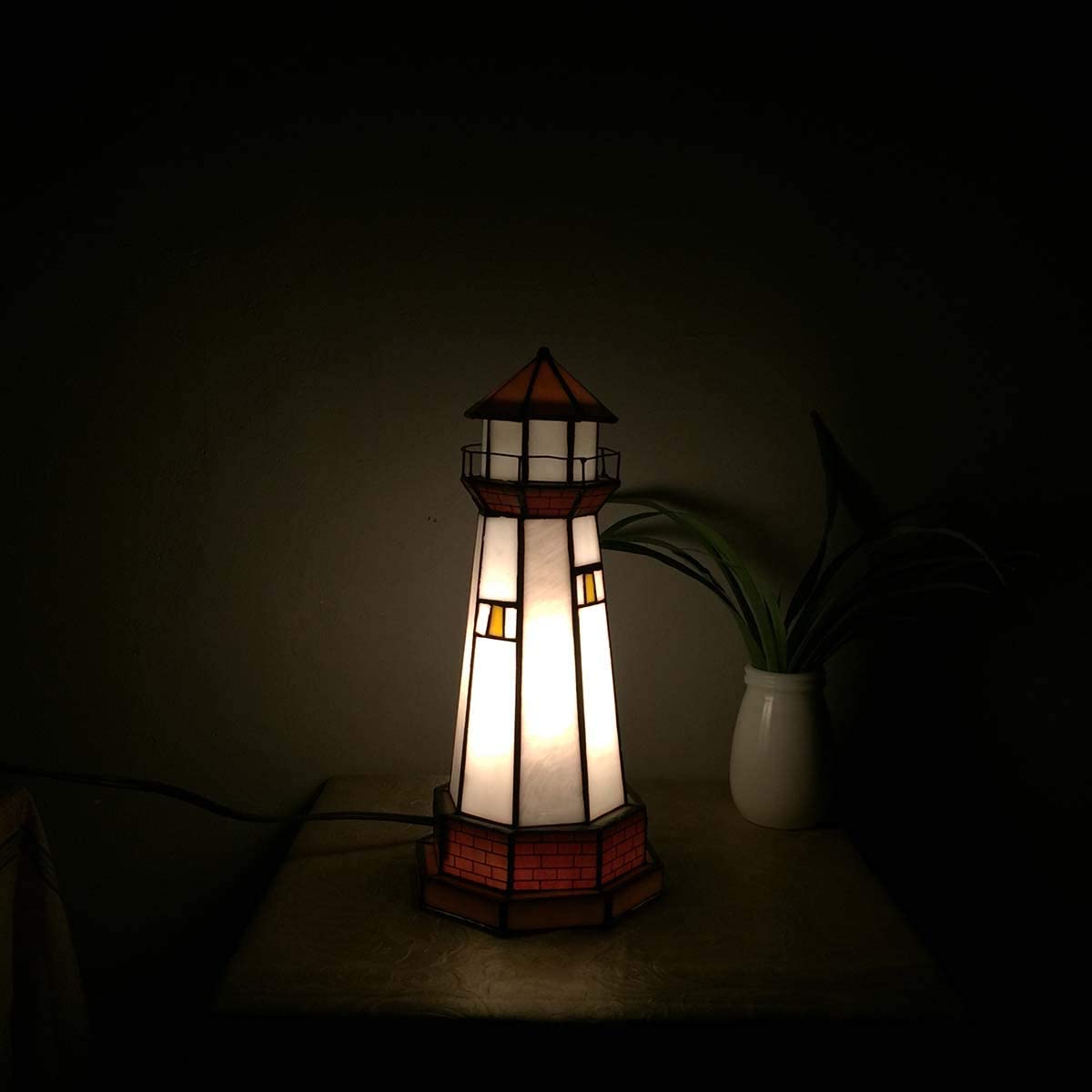 SHADY L10626 Lighthouse  Style Stained Glass Accent Table Lamp Night Light  6"W x 12"H