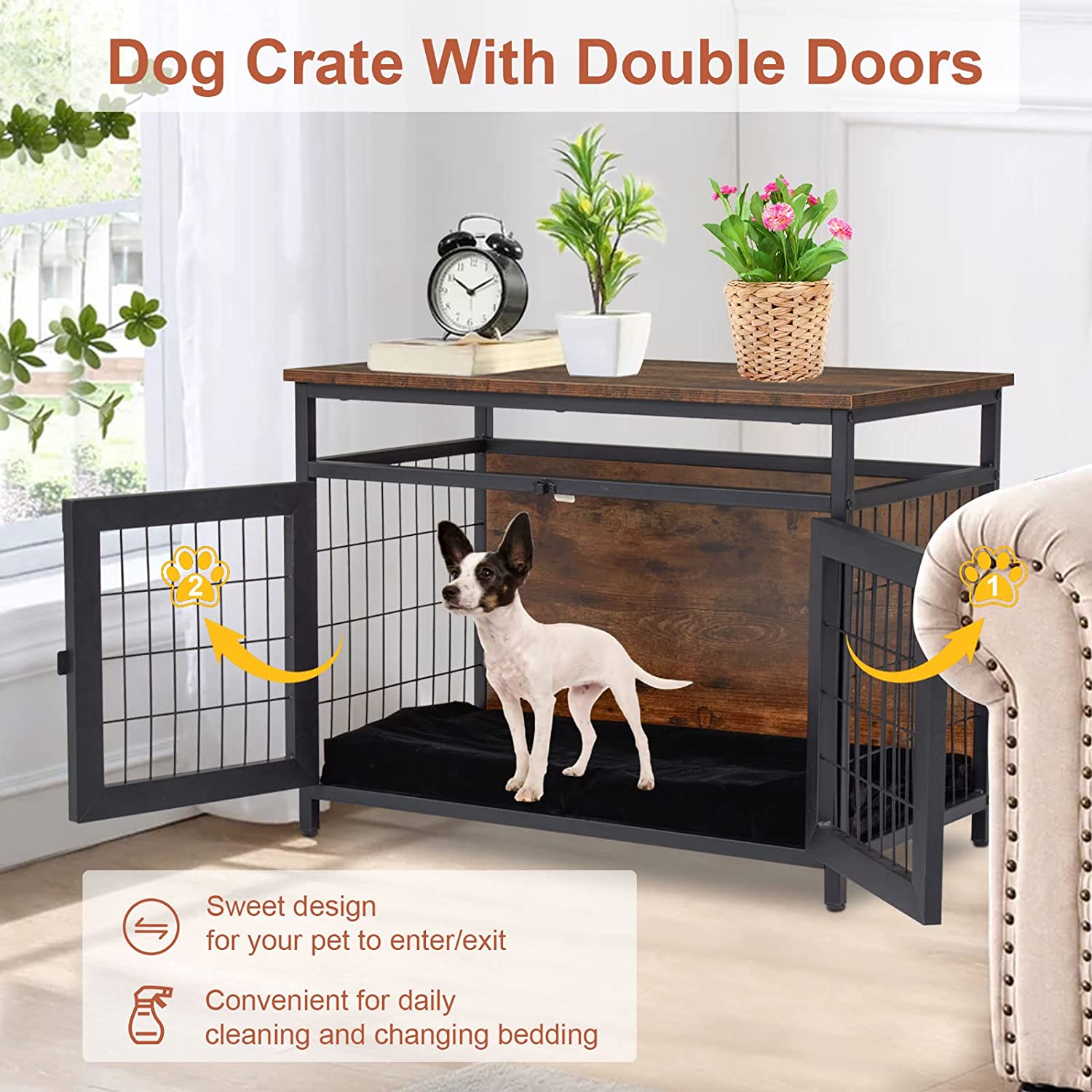 Kinsuite Wooden Dog Crate Furniture - Dog Kennels with 2 Doors Indoor Side Table for Small/Medium Dog， Decorative Mesh Pet Crate， Rustic Brown
