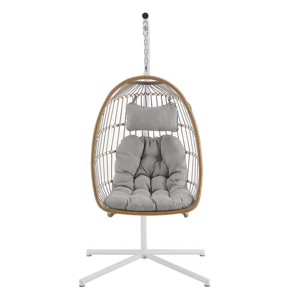 Welwick Designs 1Person Brown Rattan Patio Swing Egg Chair with White Stand and Gray Cushions