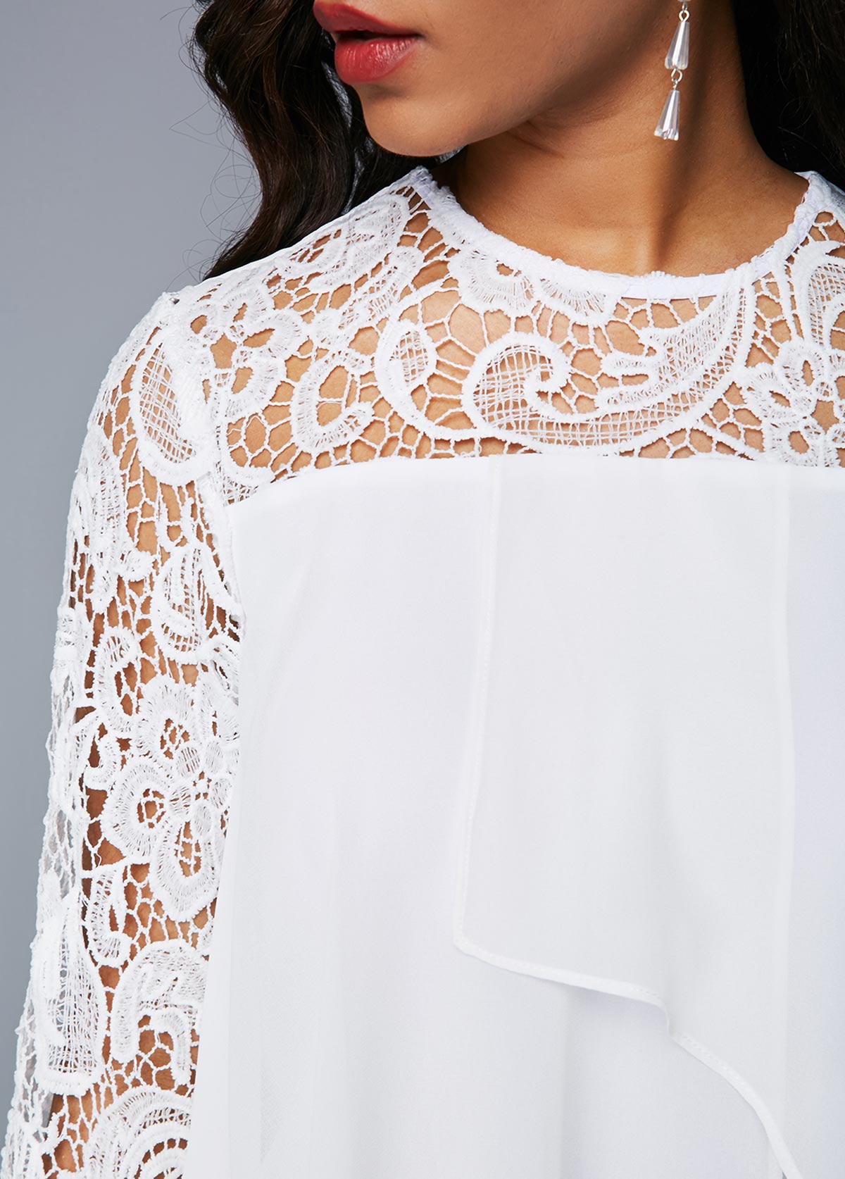 White Flyaway Round Neck Lace Patchwork Dress