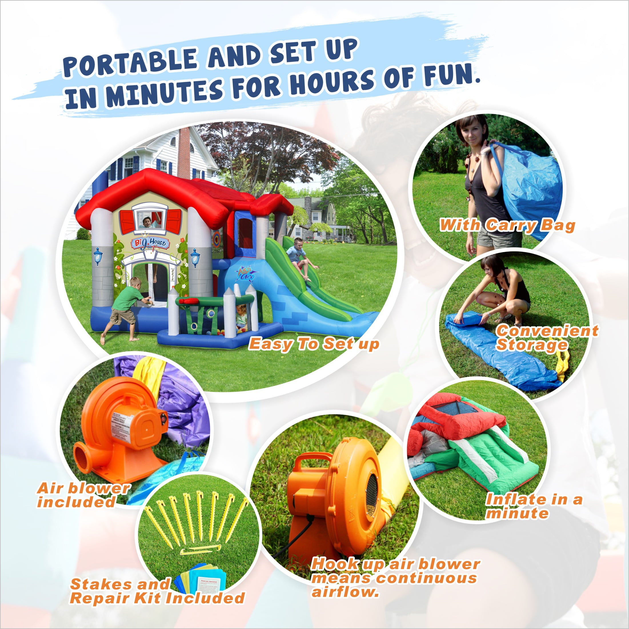Action Air Bounce House， Inflatable Bouncer with 30 Pit Ball， Bouncy Castle with Blower for Kids 3-10 Years