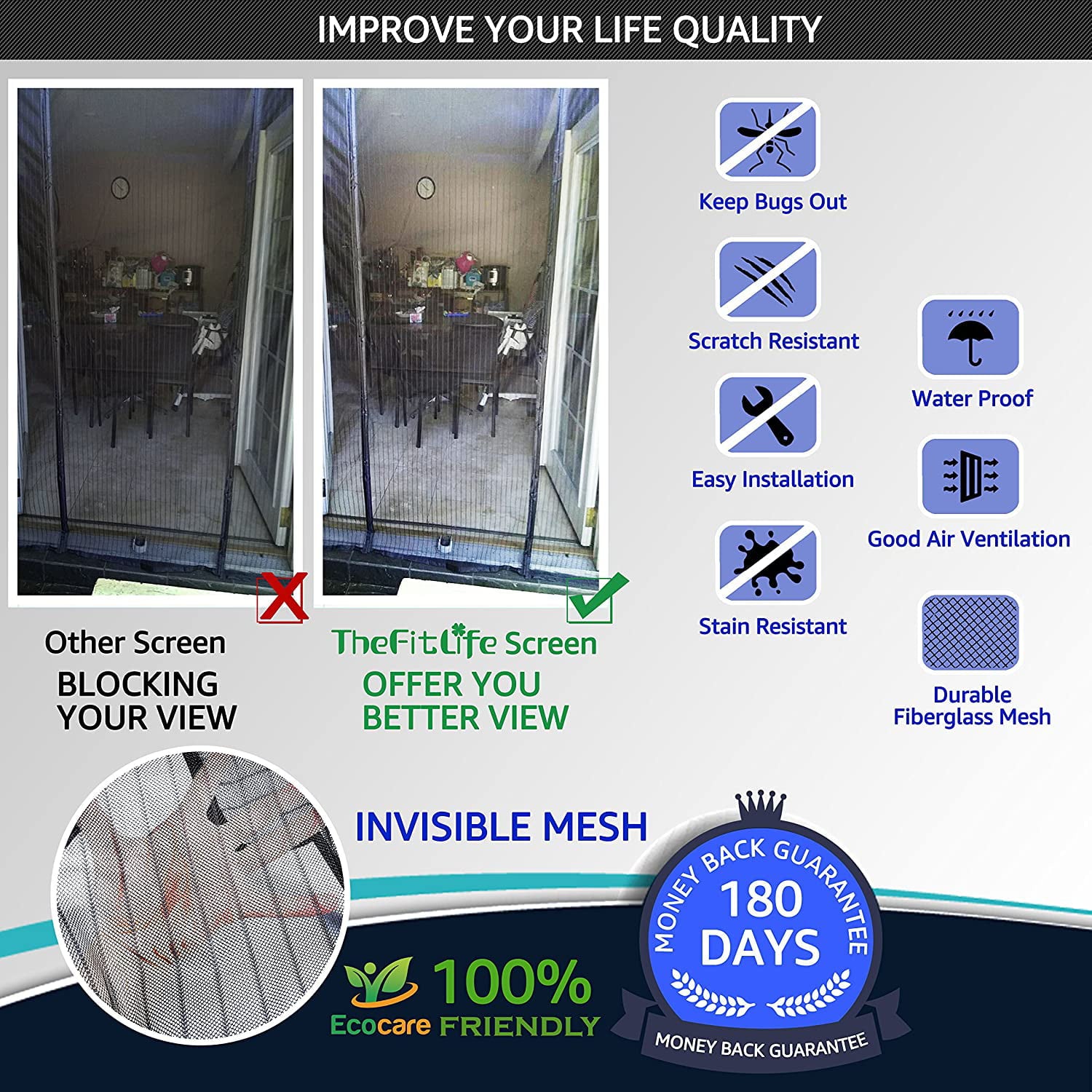 TheFitLife Double Door Magnetic Screen - Mesh Curtain with Full Frame Hook and Loop Powerful Magnets， Snap Shut Automatically for Patio， Sliding Or Large Door (Black Fits Doors up to 60''x80'' Max)