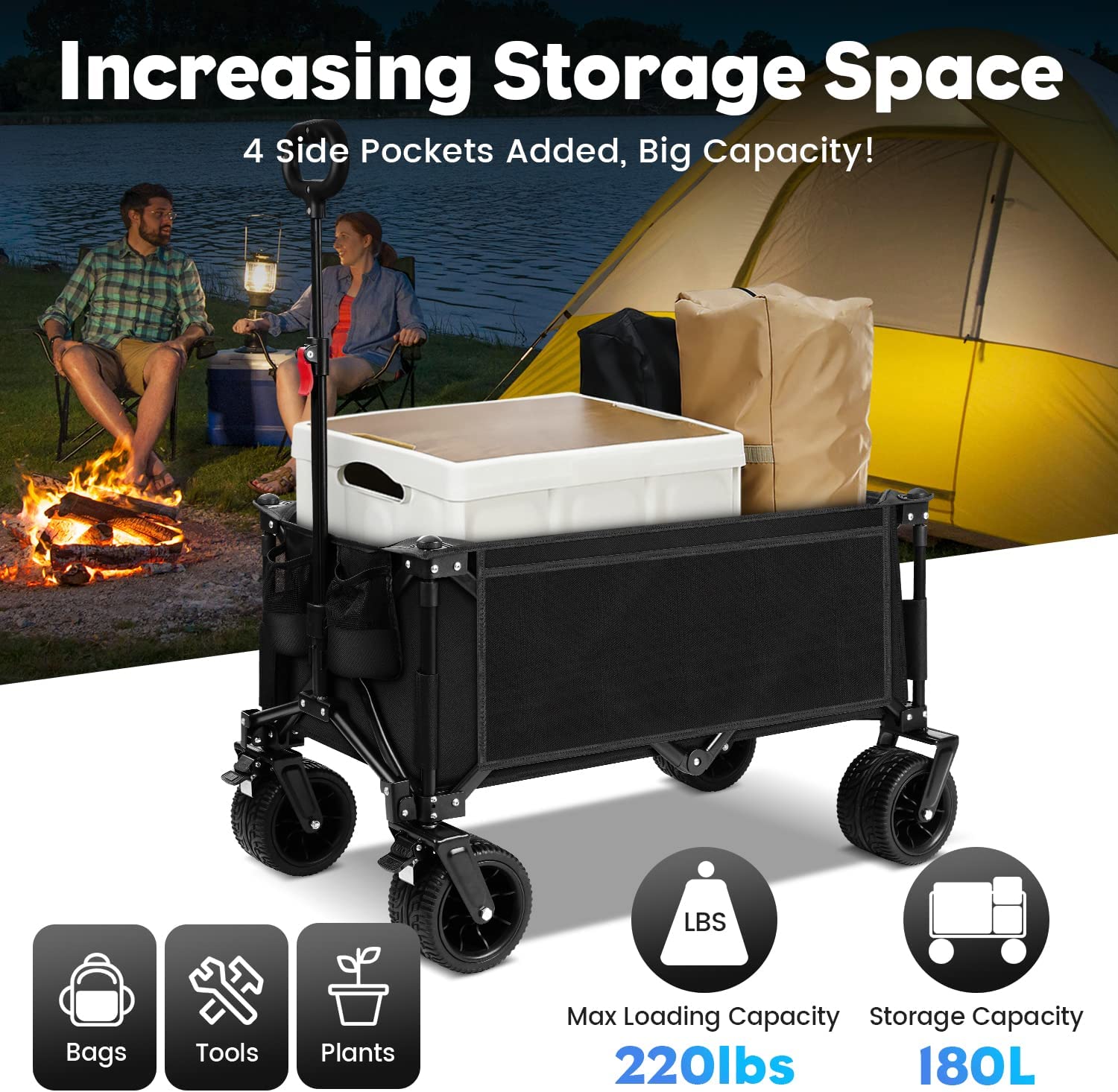 Calanofin Heavy Duty Collapsible Wagon Cart Utility 180L Foldable Beach Wagon for All-Terrain Garden Cart with Big Wheels for Sand， Side Pockets and Drink Holders for Shopping Beach Camping Outdoors