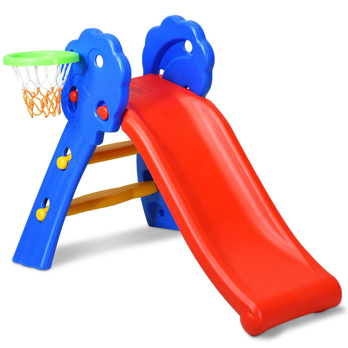 Gymax 2 Step Children Folding Slide w/ Basketball Hoop For Kids Indoor and Outdoor