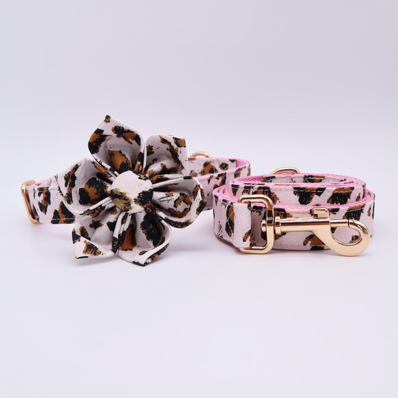 Pink Leopard Dog Flower Collar ，Dog Collar with matching leash