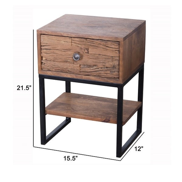 22 Inch Bedside Table Nightstand， Mango Wood， Metal， Natural Brown， Black - - 36884193
