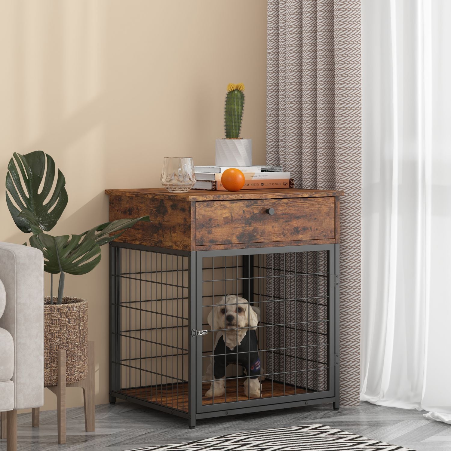 BATE Dog Crate Furniture Small Dog Kennel Dogs Cage with Drawer Brown