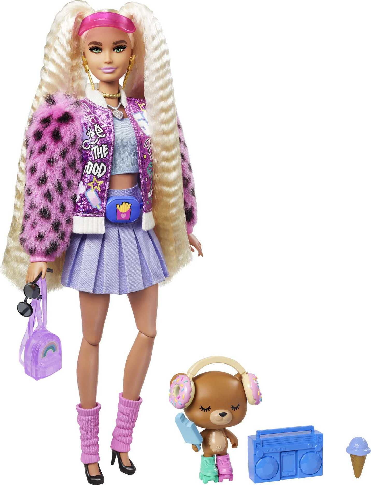 Barbie Extra Doll 8 In Varsity Jacket With Furry Arms and Pet Teddy Bear