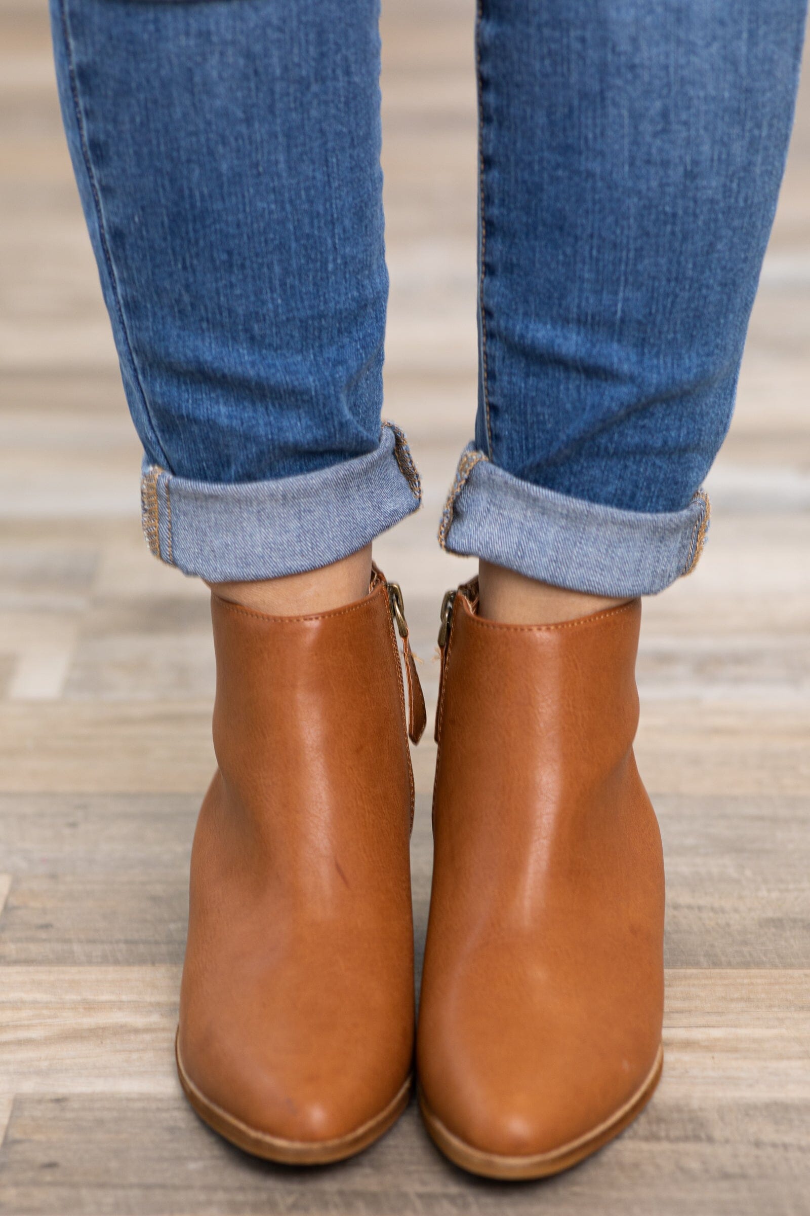 Dark Camel Ankle Bootie With Pull Tab