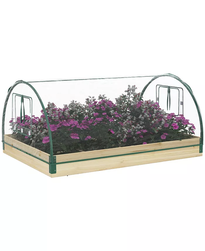 Outsunny 4' x 3' x 2' Raised Garden Bed with Greenhouse， Wooden Planter Box with PVC Plant Cover， Roll Up Windows， Dual Use for Vegetables， Flowers， N