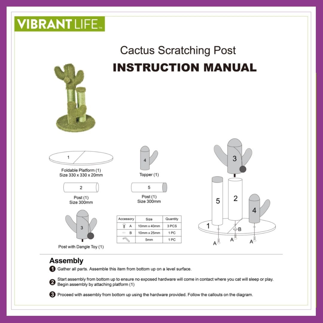 Vibrant Life Cactus 3-Arm Chenille， Sisal and Jute Cat Scratching Post with Cat Toy