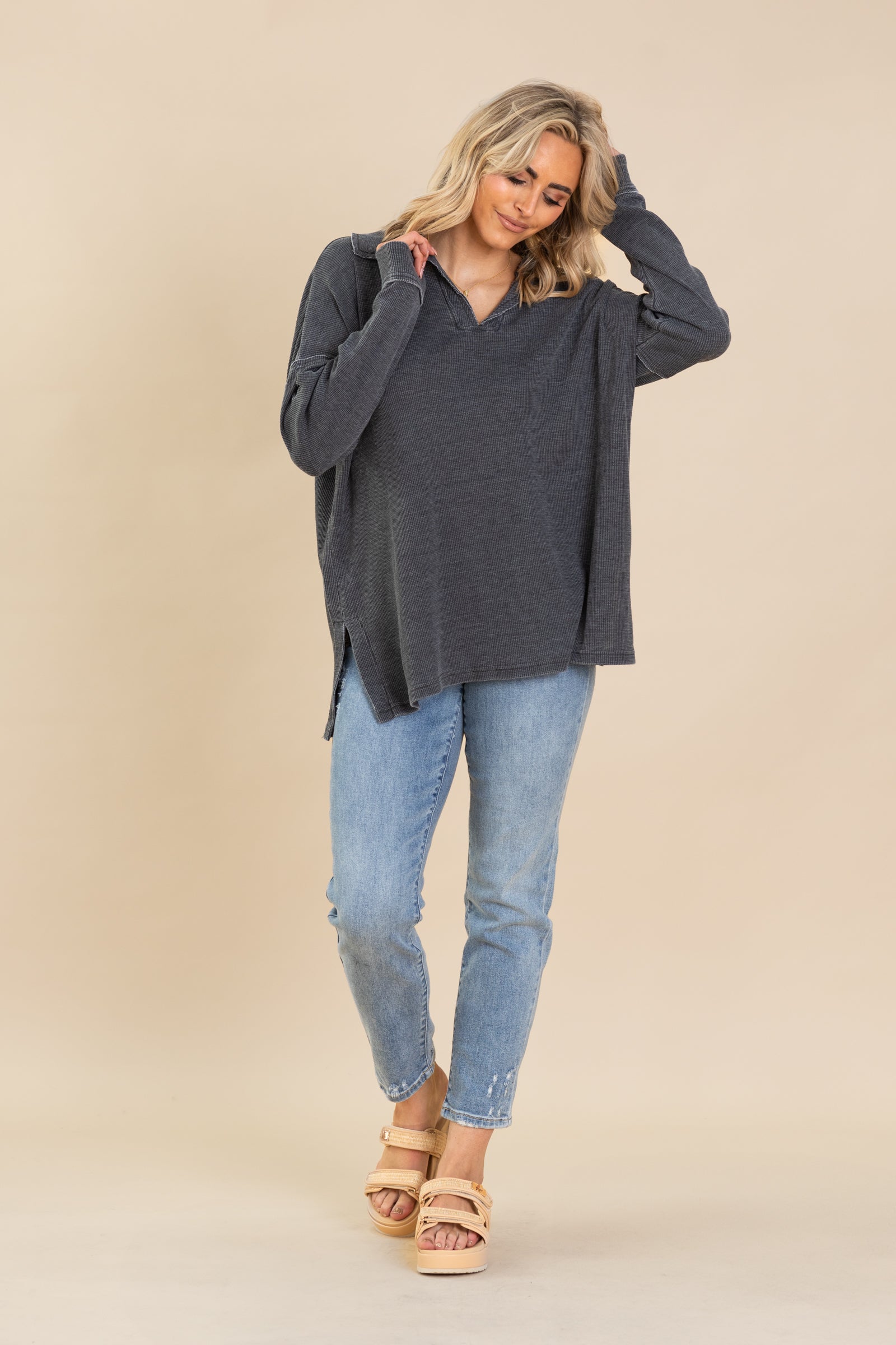 Waffle Knit Oversized Collared Long Sleeve Top