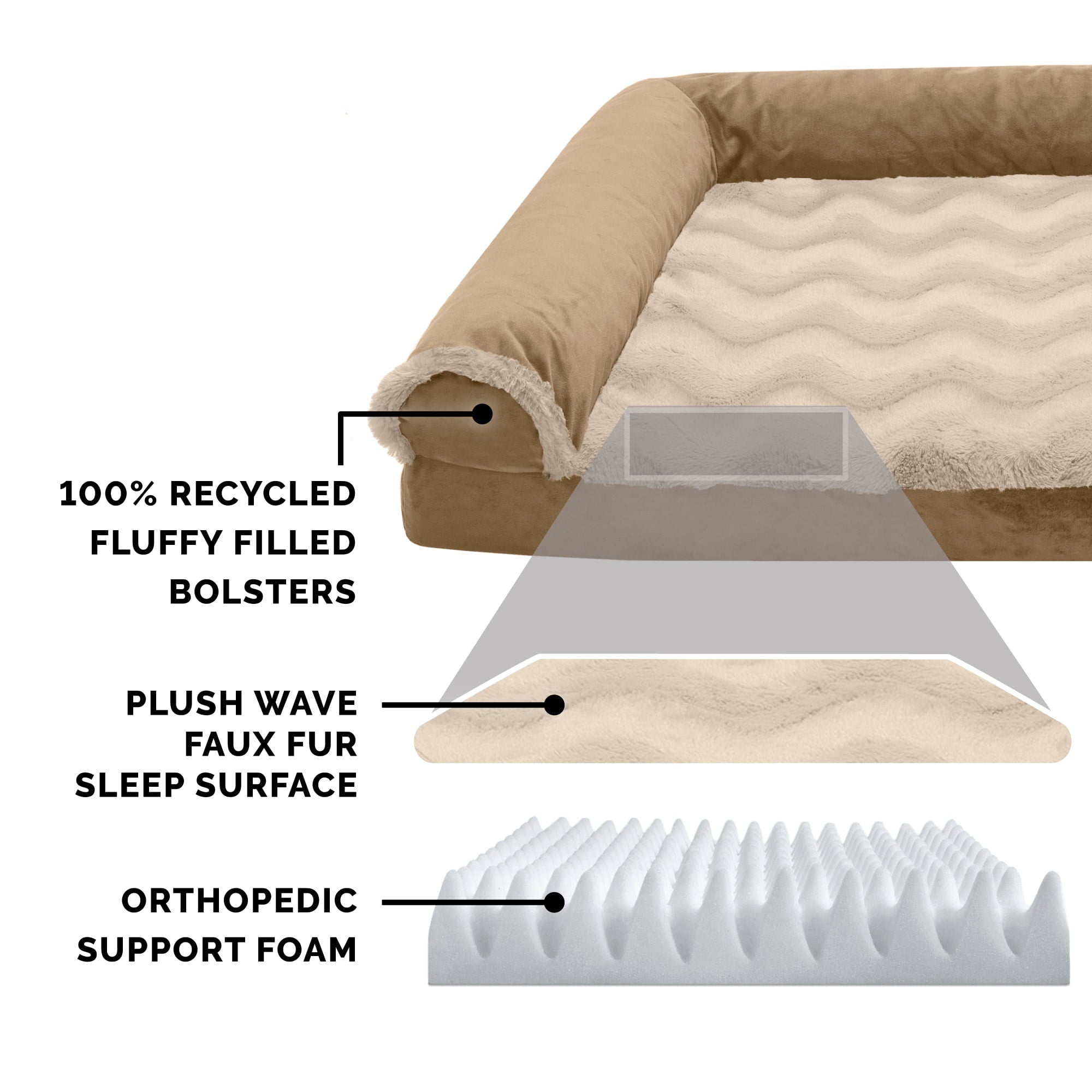 FurHaven | Deluxe Orthopedic Wave Fur and Velvet L-Chaise Lounge Pet Bed for Dogs and Cats， Brownstone， Jumbo