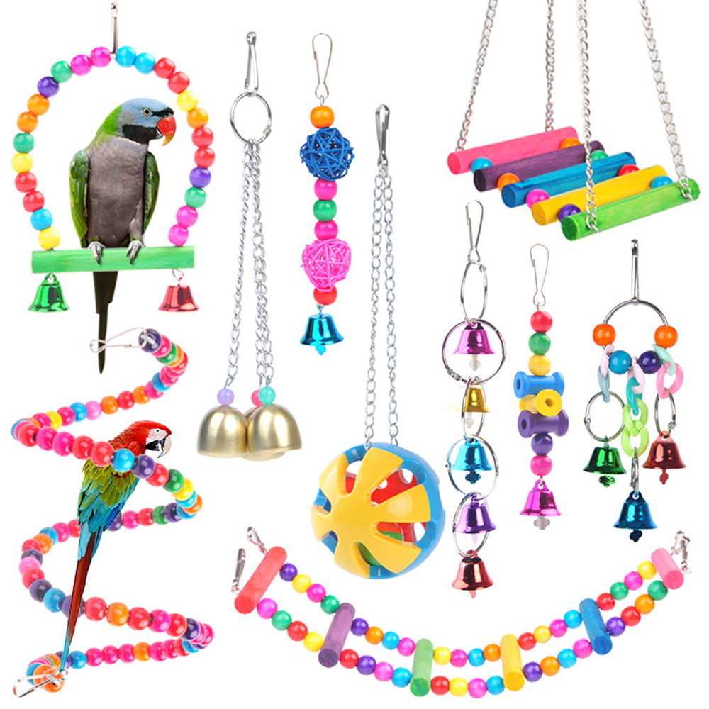 10 Pcs Parrot Bird Toys， Chew Toy for Parakeet Bird Cage Accessories Hanging Swing Bell Toy Sets
