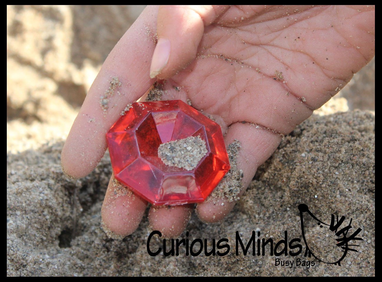 Sand Sifter with Large Gem and Coin Treasure Hunt Sand Toy - Dig sift and find buried coins jewels and gems