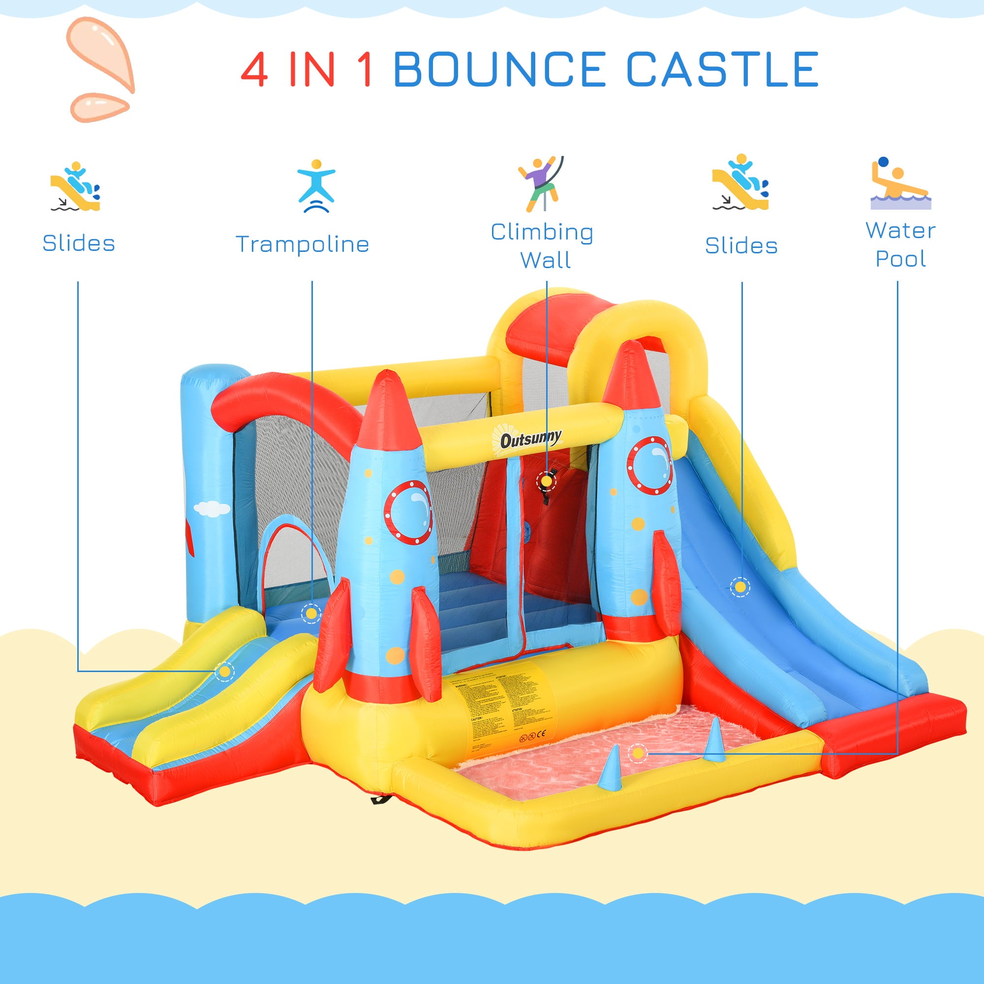 Outsunny 4-in-1 Kids Inflatable Bounce House Jumping Castle with 2 Slides， Climbing Wall， Trampoline， and Water Pool Area， Air Blower