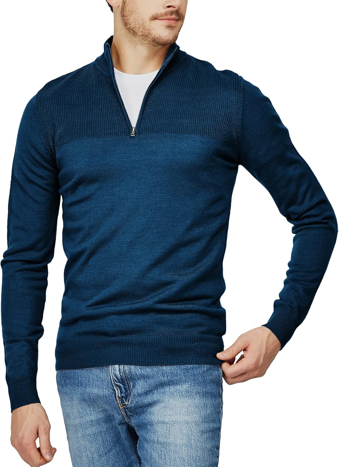 H2H Mens Casual Slim Fit Pullover Sweaters Long Sleeve Knitted Fabric Zip Up Mock Neck Polo Sweater