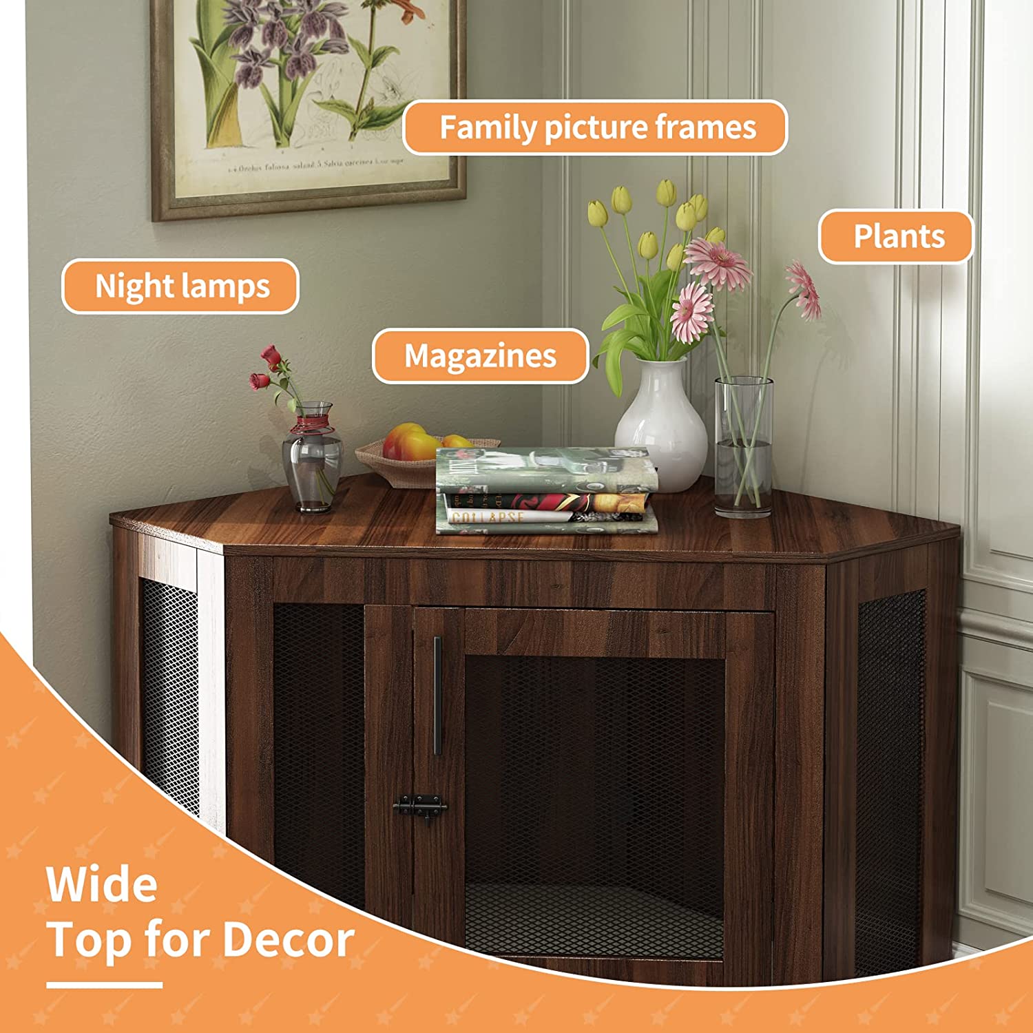 Dog Crates for Medium Dogs， Dog Crates Cage Kennel Furniture Indoor with Cushion and Lockable Doors， Wooden Corner Dog Crate for Small/Medium Dogs， Perfect for Limited Room (Walnut， Medium)