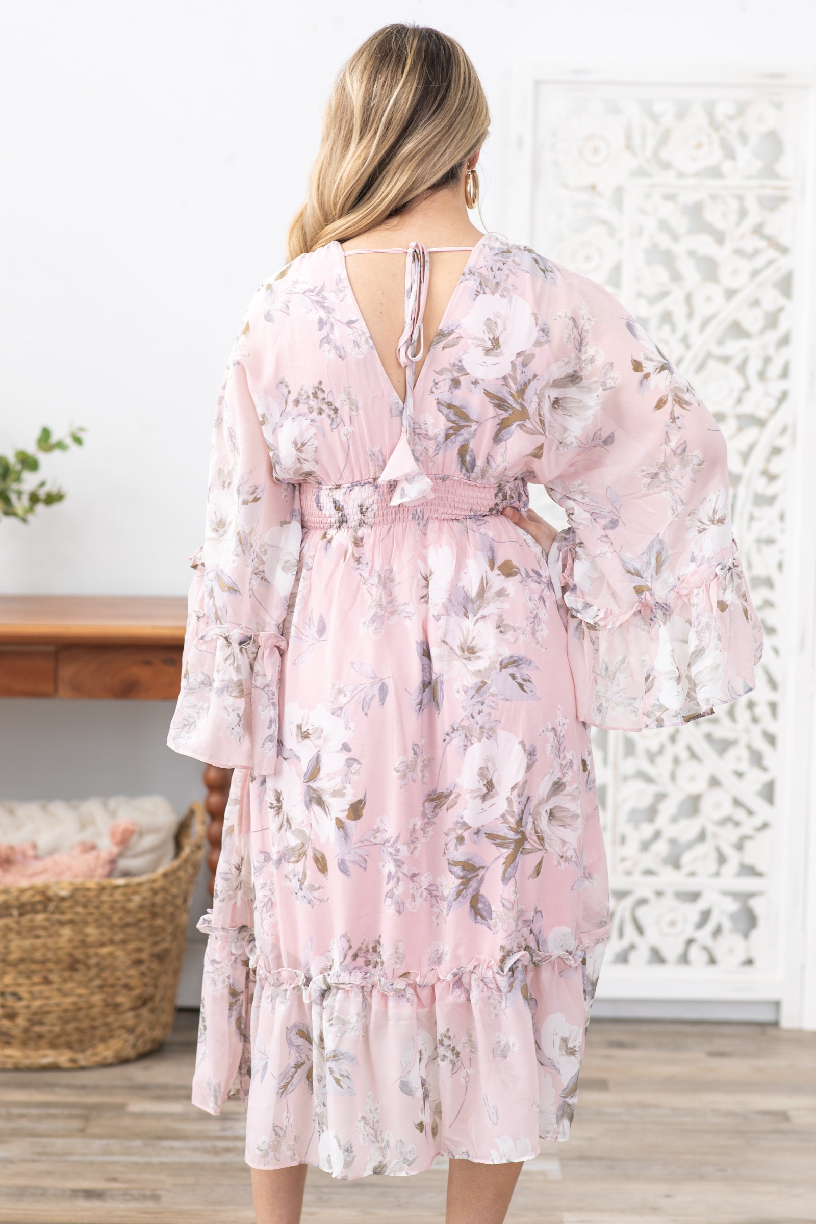 Blush Floral Print Dolman Sleeve Midi Dress