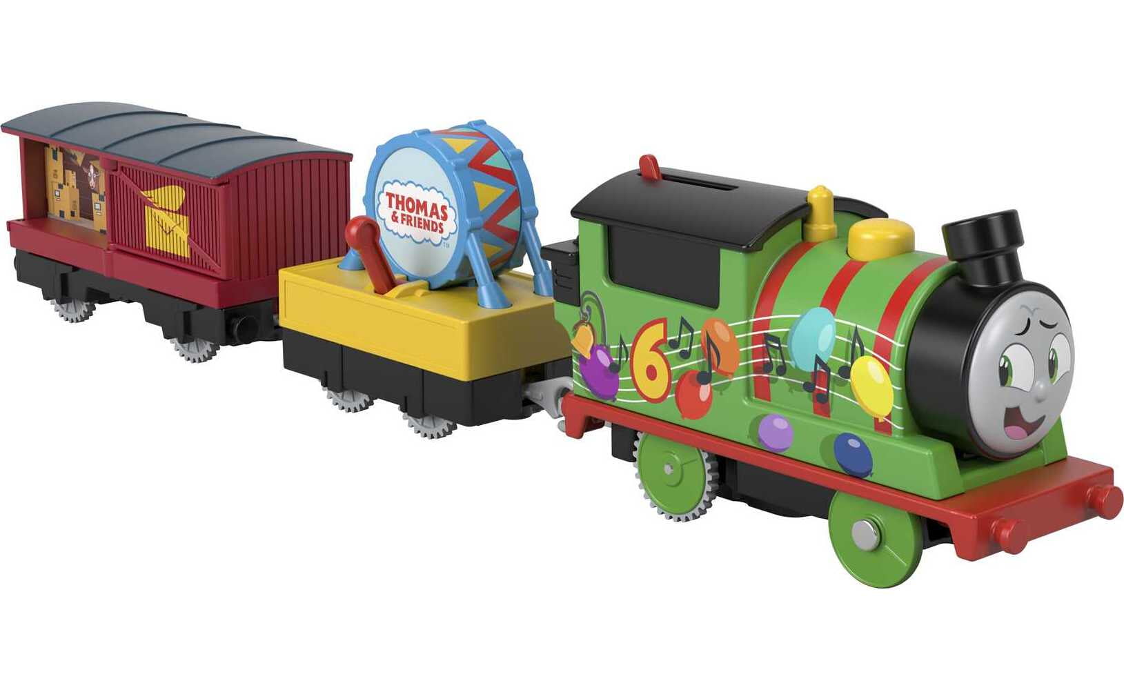 Thomas and Friends Party Train Percy Motorized Engine with Drum Cargo and Mail Car， 3 Pieces