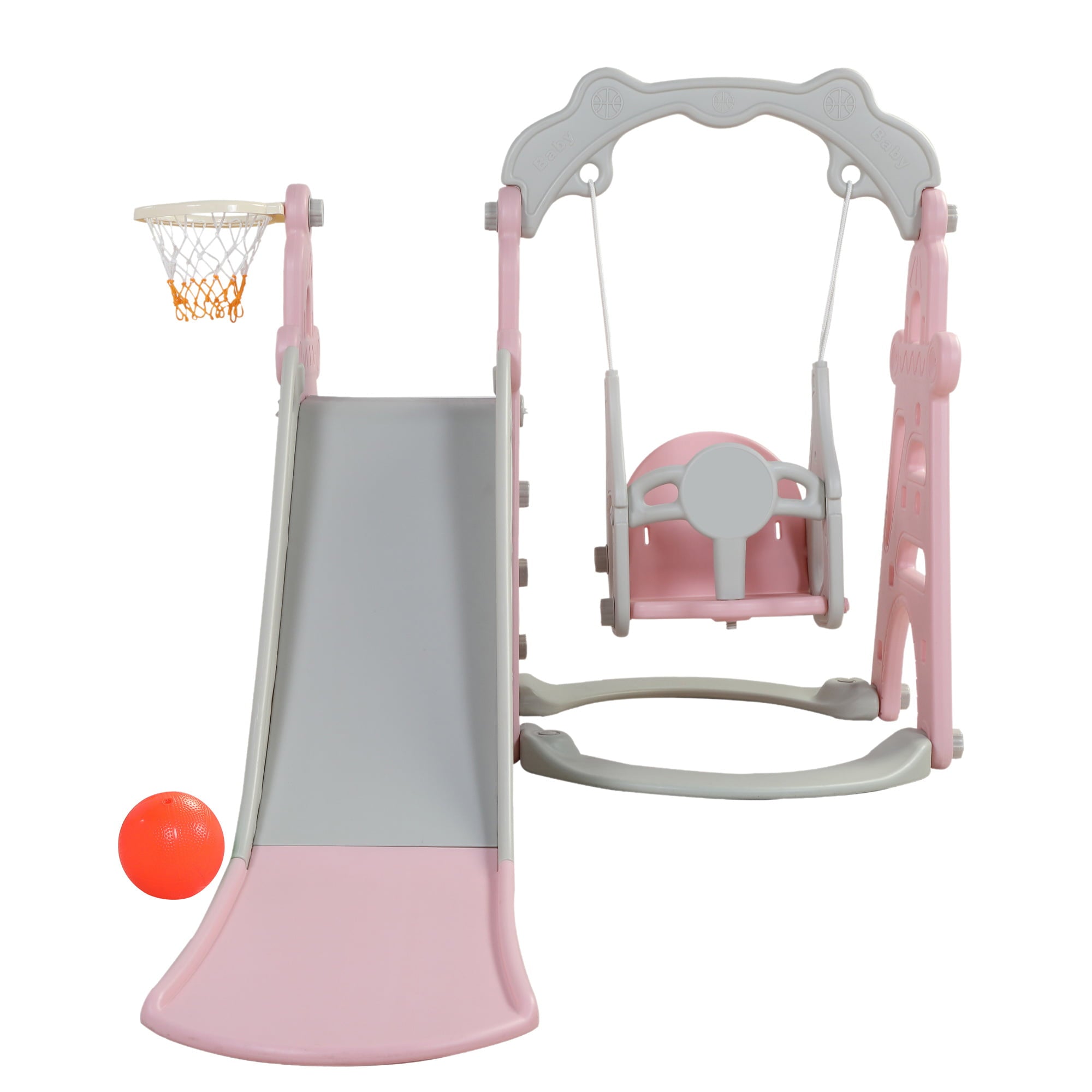 MOCA  3-in-1 Toddler Climber Slide ＆Swing Set - Extra Long Play Slide Playset for Indoor Outdoor Backyard with Basketball Hoop， Pink+Gray