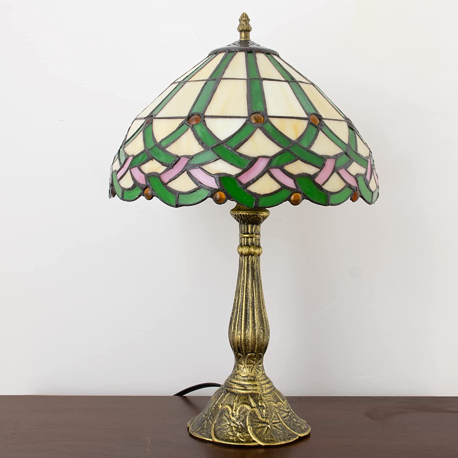 SHADY  Table Lamp Stained Glass Bedside Lamp Green Floral Desk Reading Light 18" Tall Vintage Antique Style Banker Lamp Room Bedroom Living Study Coffee Bar Office LED Bulb Inc