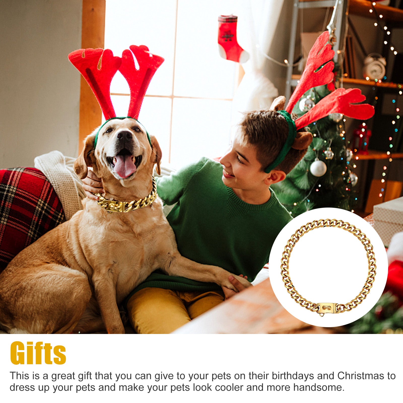 20'' Pet Chain Collar， TSV Stainless Steel Gold Pet Dog Leash Chain Collar with Design Secure Snap Buckle， Heavy Duty Chew Proof Dog Metal Chain Necklace Collar for Pets Xmas Gifts