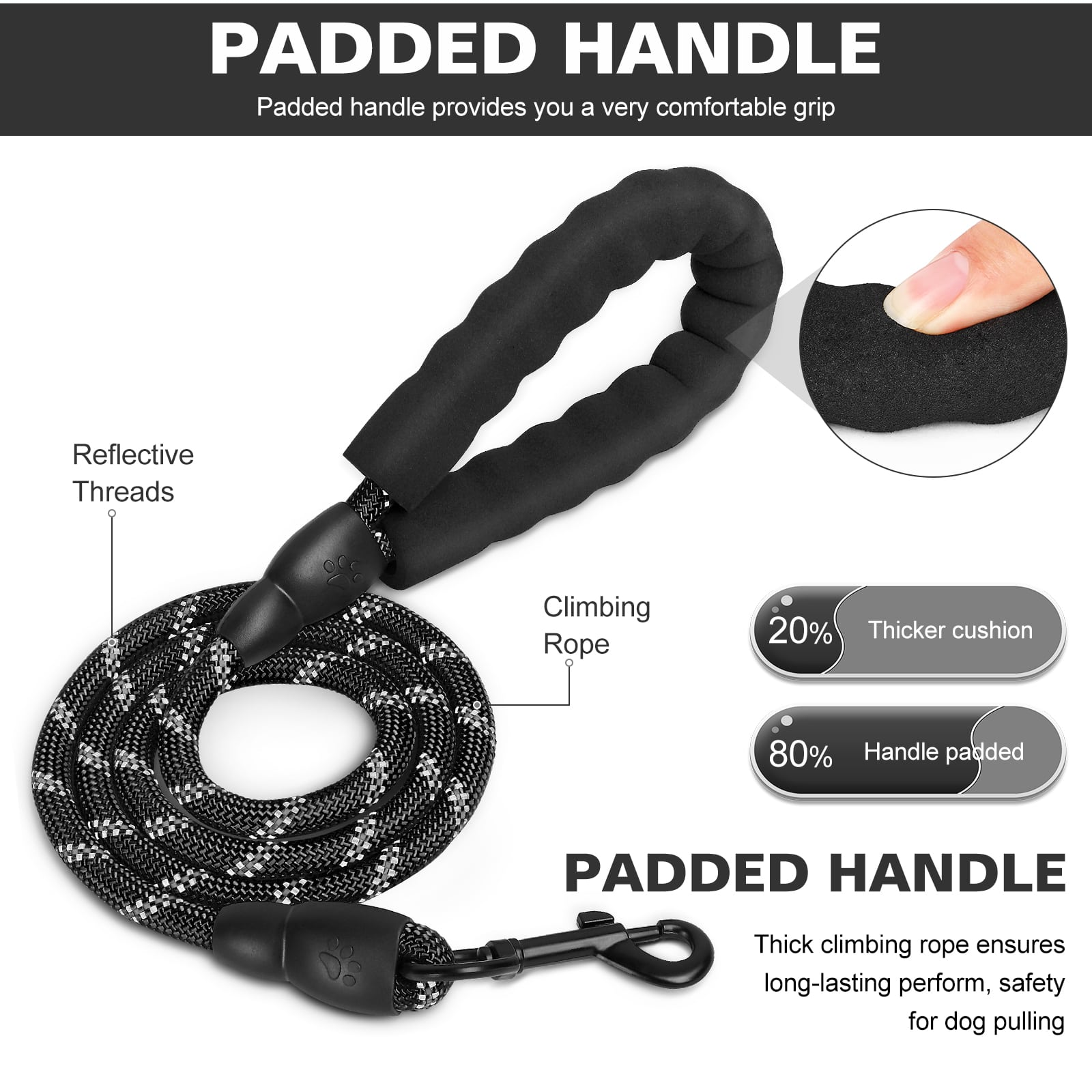 UrbanX 4FT Strong Dog Leash with Comfortable Padded Handle and Highly Reflective Threads for Lagotto Romagnolo and other Medium Sporting Dogs Black