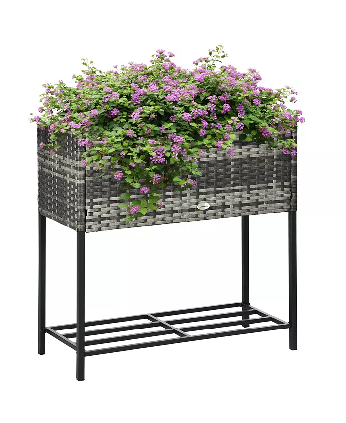 Outsunny Elevated Metal Raised Garden Bed with Rattan Wicker Look， Underneath Tool Storage Rack， Sophisticated Modern Design， Gray