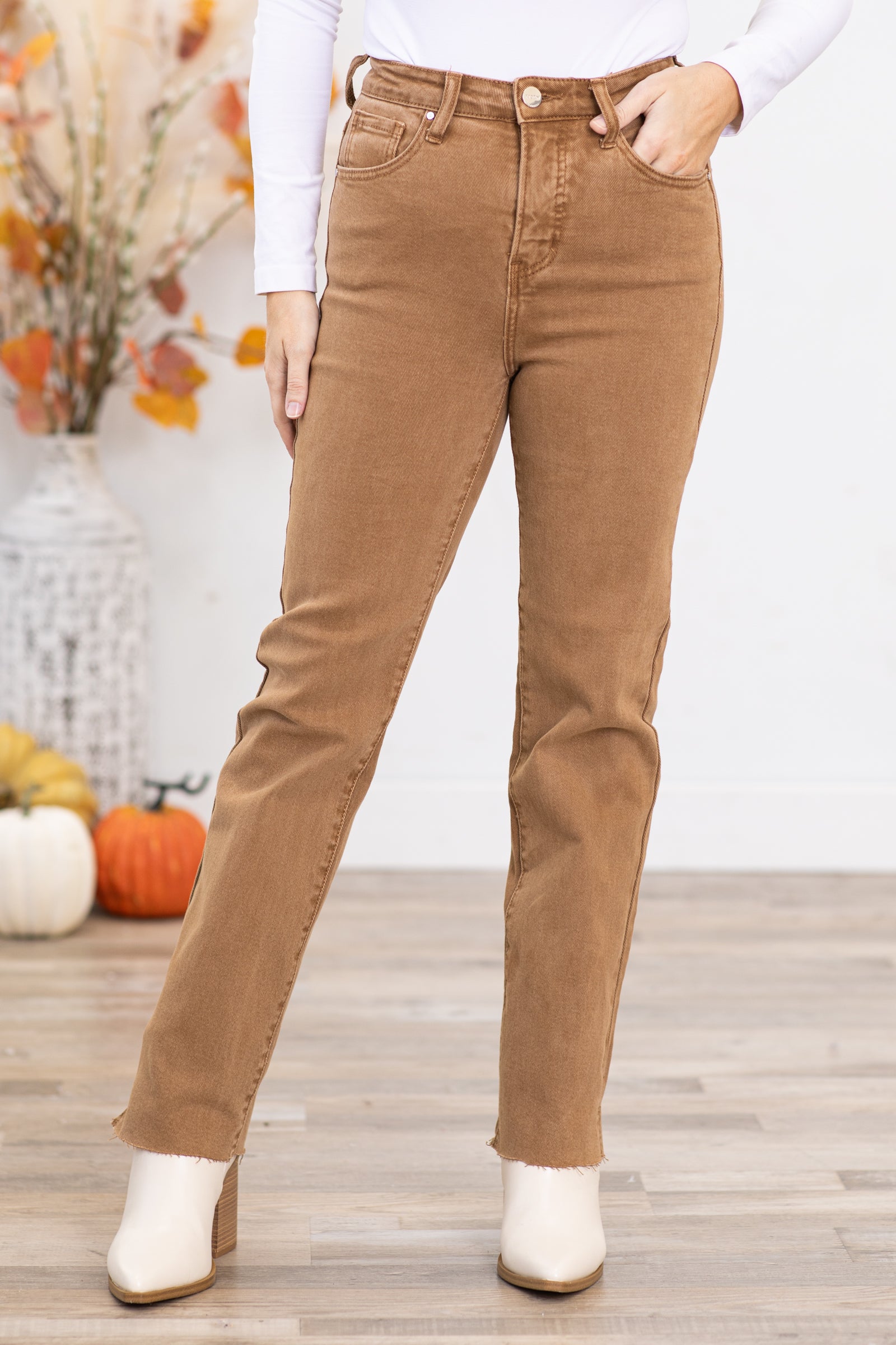 Risen Taupe Raw Hem Tummy Control Jeans