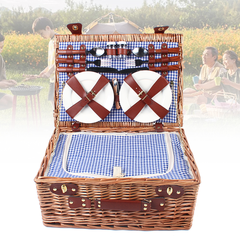 Miumaeov Wicker Picnic Basket Sets for 4 Persons with Insulation Layer Portable Brown