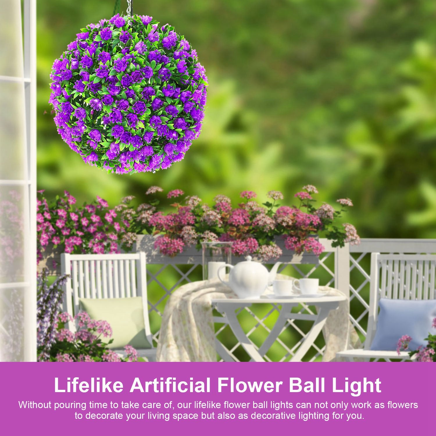 LED Solar Flower Ball Light， Artificial Rose Lantern Hanging Lam， Art Decor Holiday Party Display-Purple