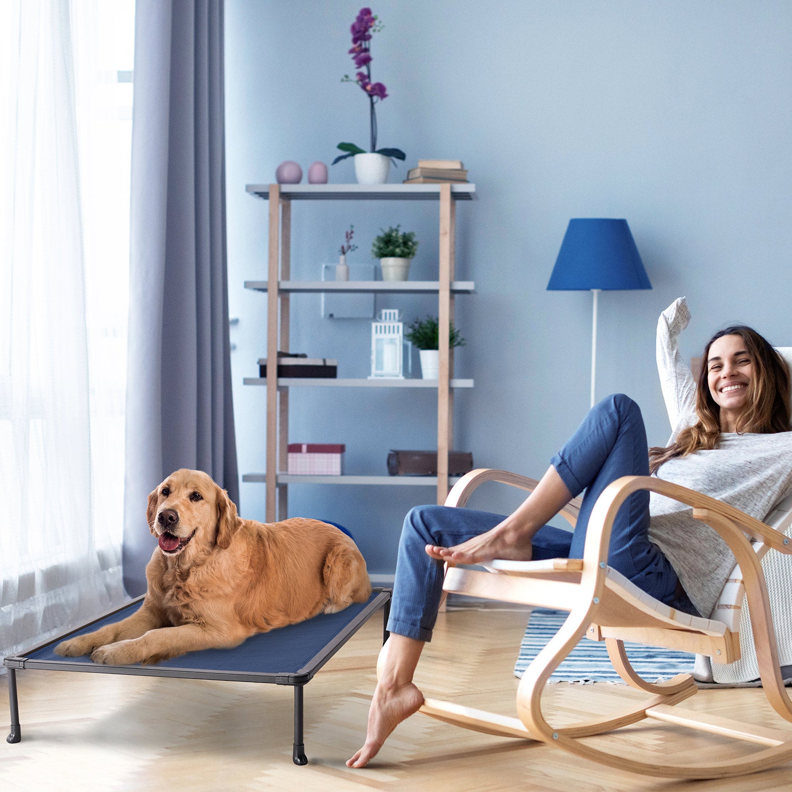 Veehoo Chewproof Dog Bed， Cooling Raised Dog Cots with Black Metal Frame， Large， Blue