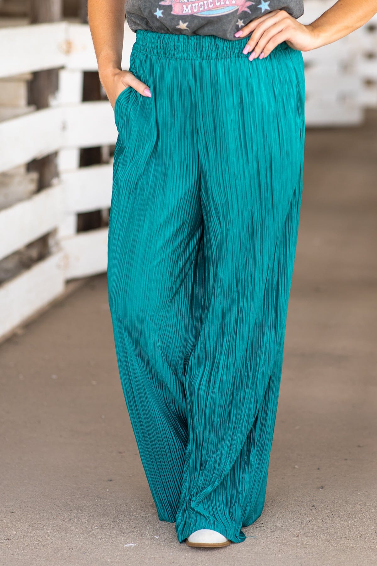 Turquoise Crystal Pleat Wide Leg Pants