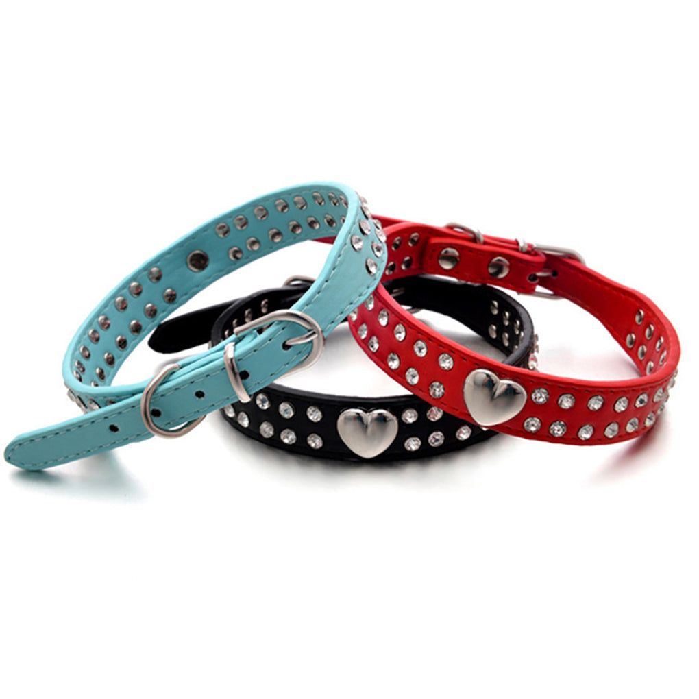 Pet Collar Rhinestones Crystal Heart PU Leather Pet Necklace Jewelry Holiday Gift，Blue，XXS