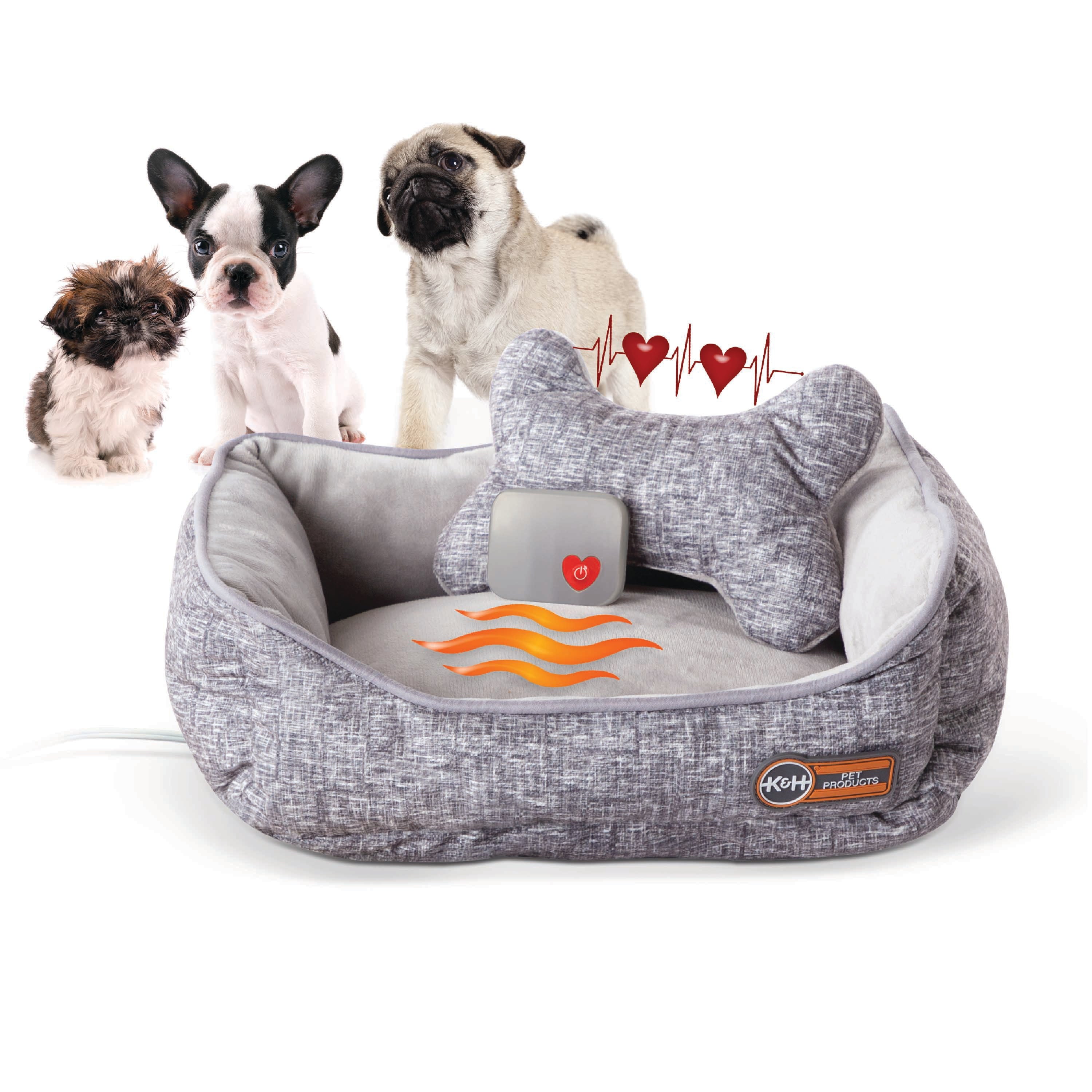 KandH Pet Products Mother’s Heartbeat Heated Puppy Bed Heated Bed + Bone Pillow Gray Small Breed Heartbeat 11 X 13 Inches