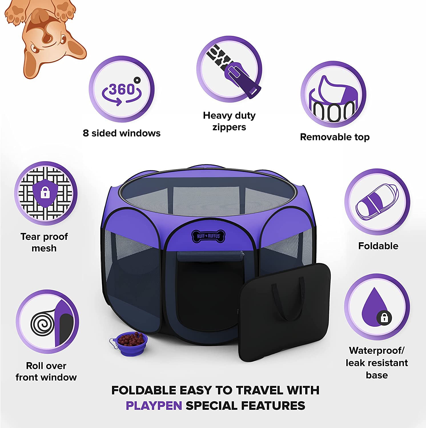 Ruff 'n Ruffus Portable Foldable Pet Playpen + Free Carry Case and Bowl | Indoor/Outdoor Water-Resistant Shade Cover
