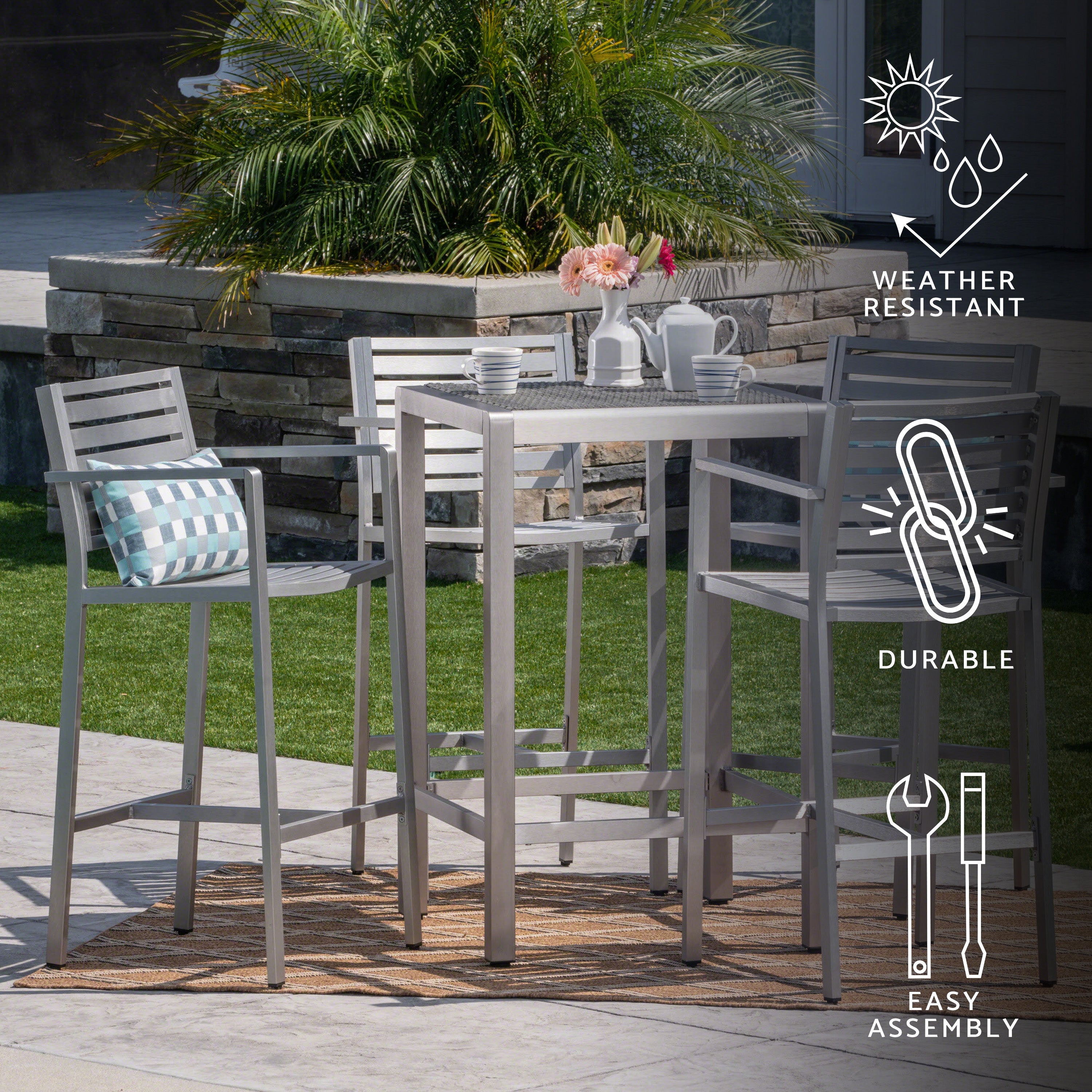 Tracy Outdoor 5 Piece Silver Rust-Proof Aluminum Bar Set with Grey Wicker Top Bar Table