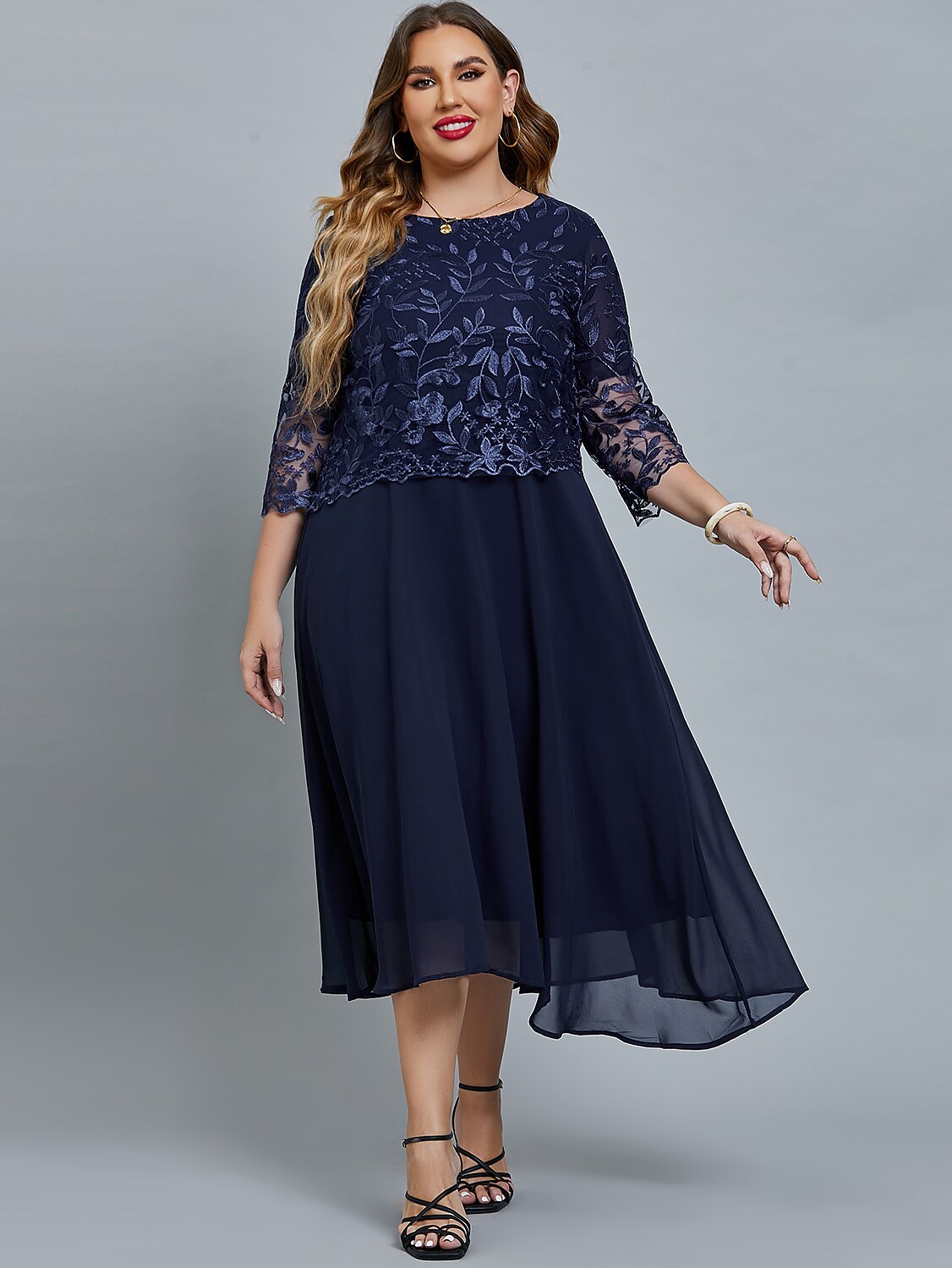 Women's Plus Size Curve Party Dress Floral Crew Neck Mesh 3/4 Length Sleeve Winter Fall Elegant Prom Dress Maxi long Dress Formal Party Dress / Lace