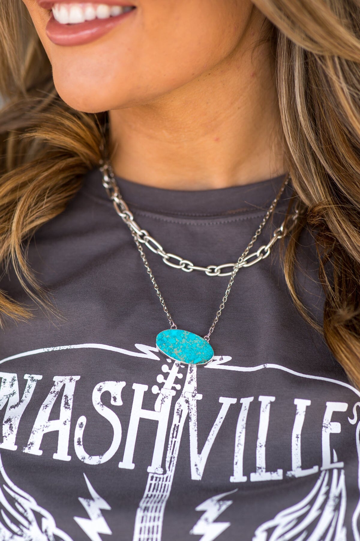 Turquoise Stone Pendant Double Strand Necklace