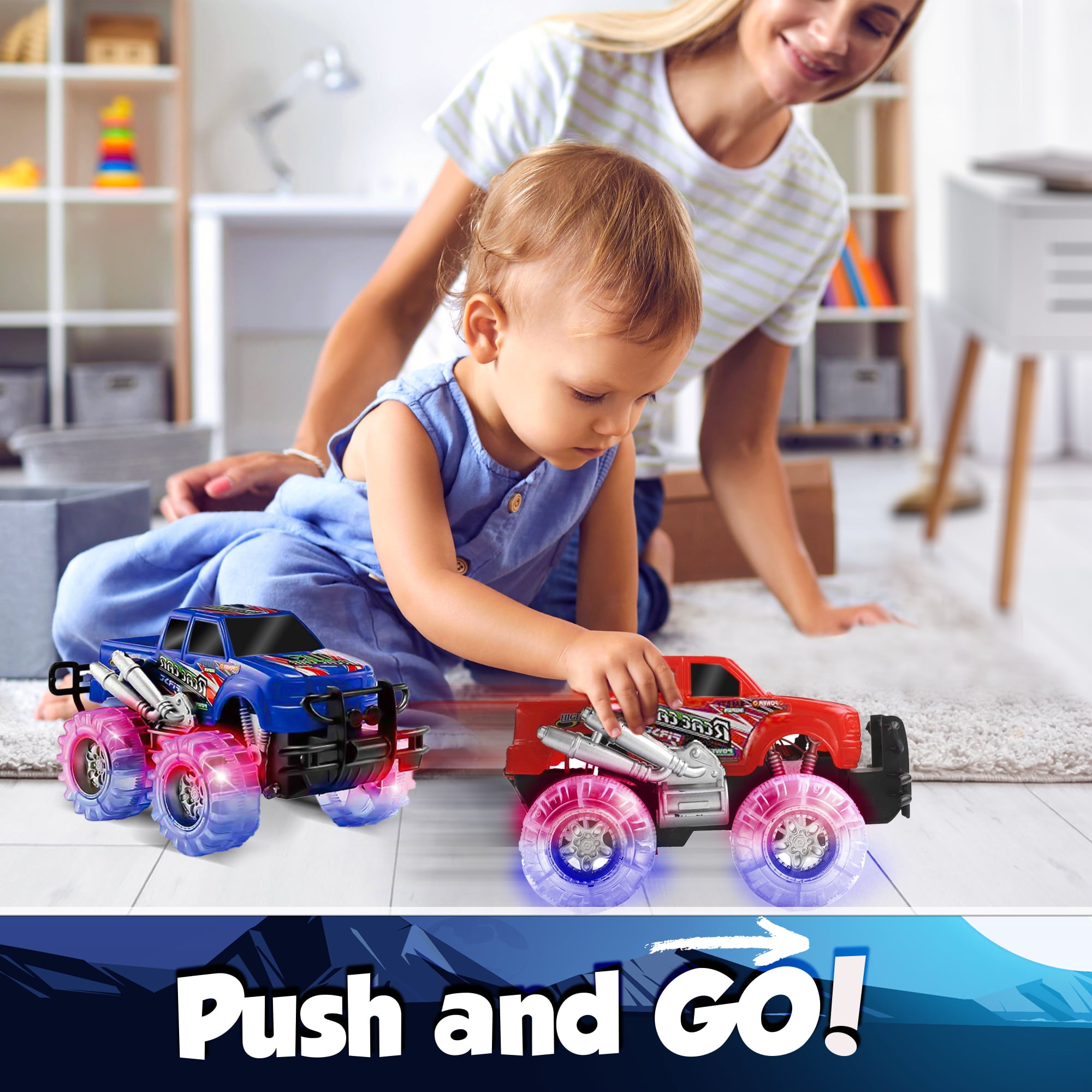 JoyX 2 Pack Light Up Monster Truck Car Toy with Beautiful Flashing LED Tires， Best Birthday Gift for Boy Girl Ages 3+， Push n Go Cars， Toy， Race Truck Car for Kid Party Favors and Daily Play